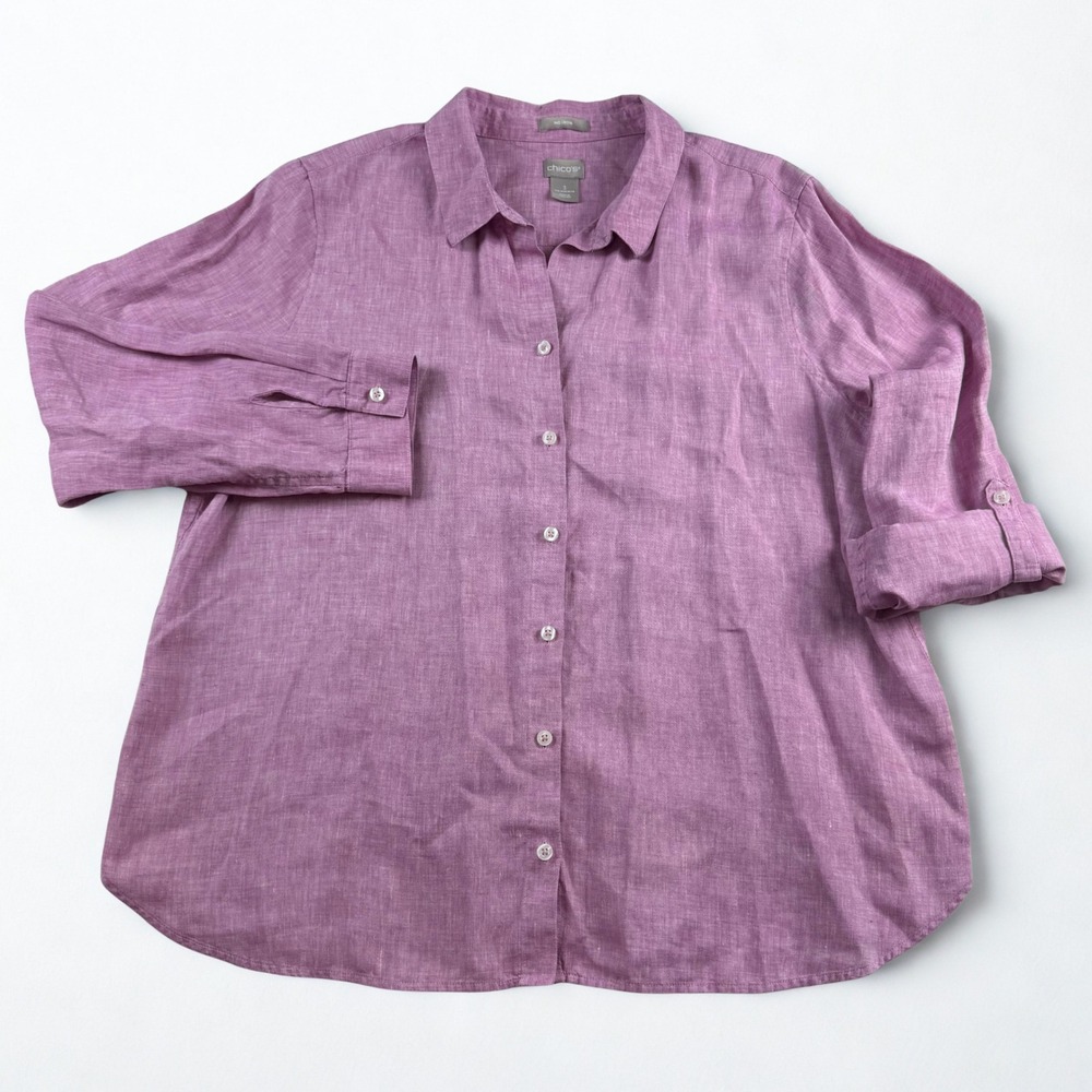 Chicos Linen Roll Tab Shirt Womens 3 Purple No Iron Button Up Long Sleeve Blouse